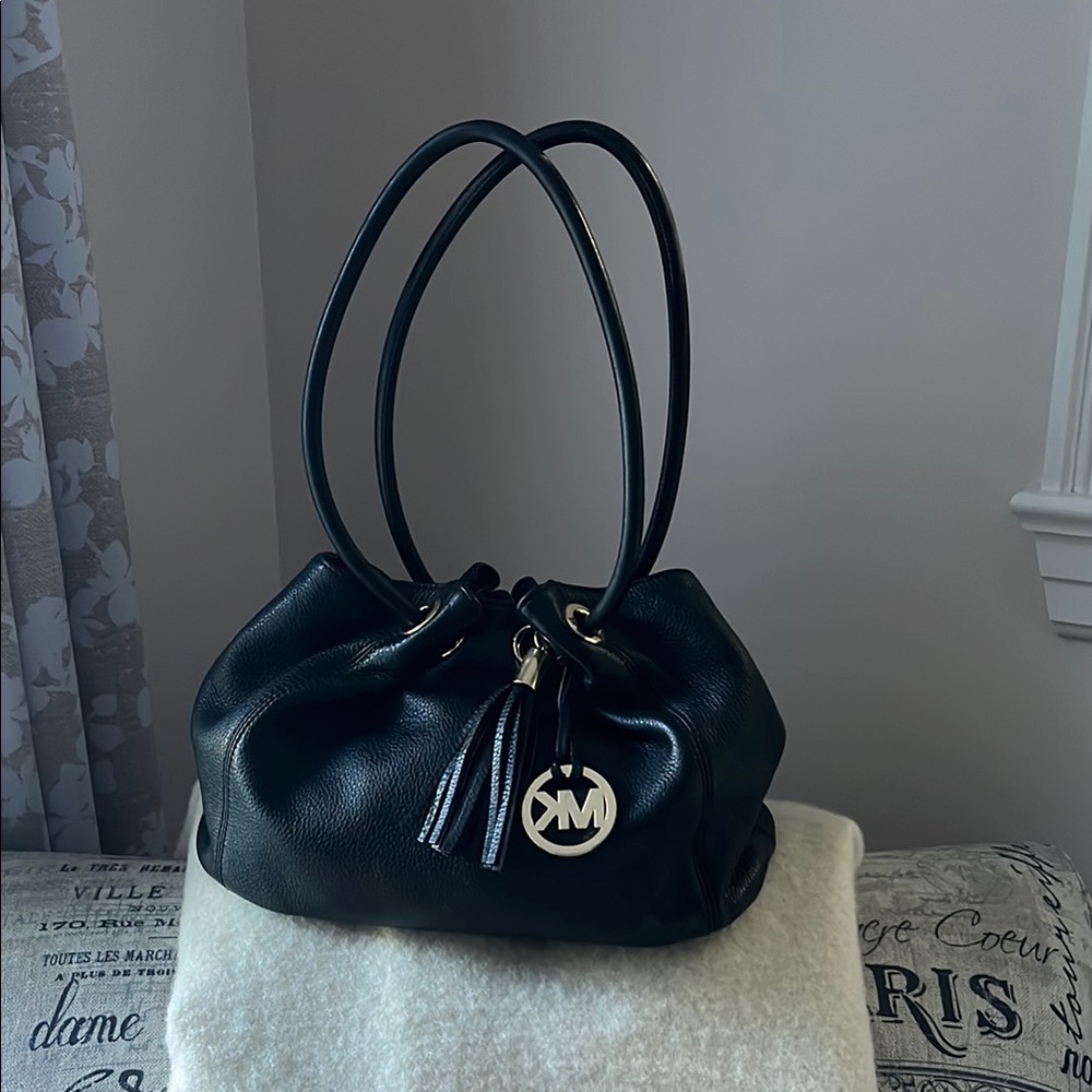 Michael Kors Black Leather Drawstring Tote like new